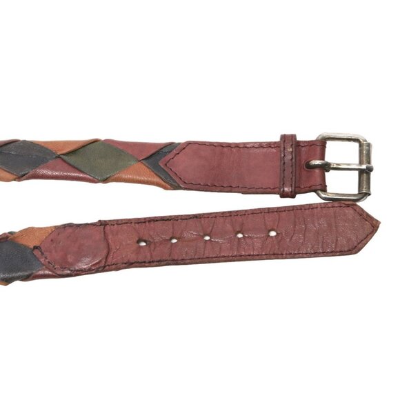 Vintage Vacher France Leather Belt Patchwork Diamond 80s Soft Brown Yellow Green - Picture 8 of 9